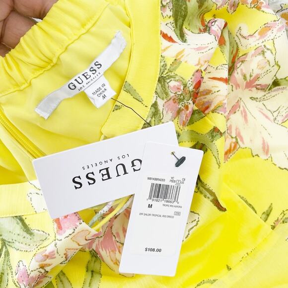 Guess Women's Off Shoulder Tropical Iris Aurora in Yellow Dress Size Medium - Picture 4 of 7